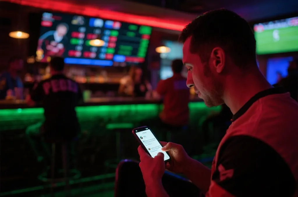球迷在酒吧通过手机查看赔率和评论