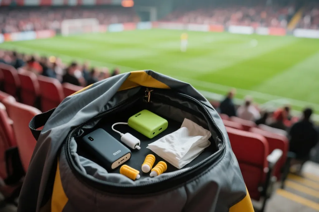 球场看台上的小包打开一角，露出雨衣、充电宝、纸巾与耳塞，背景是模糊的绿茵与观众
