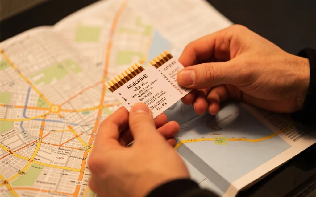 球迷手持比赛门票与城市交通地图的旅行场景