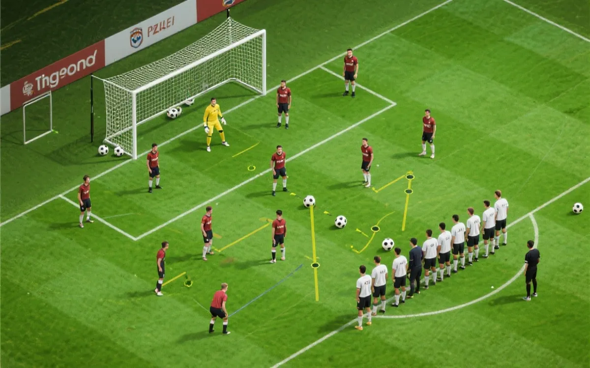 定位球防守站位示意：人墙、门将、盯人和二点区域